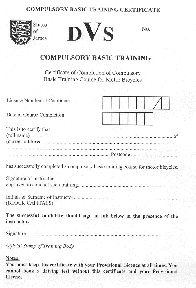 Form of compulsory basic training certificate