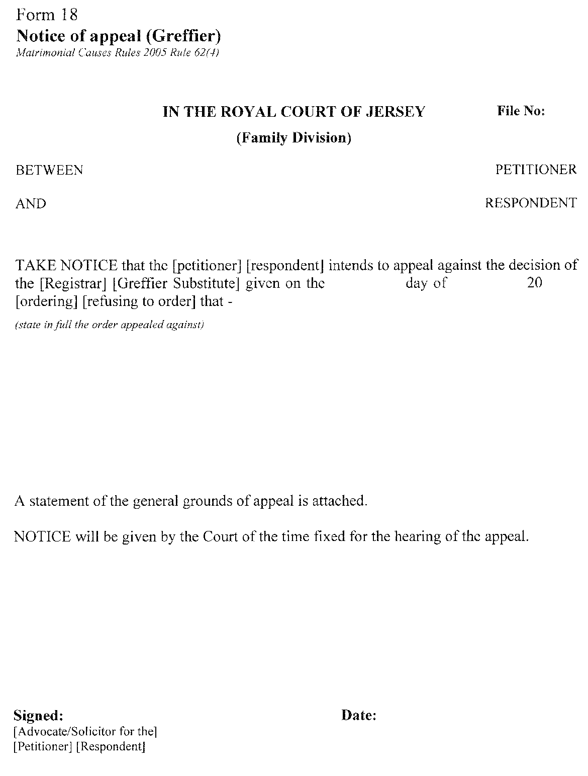 Form 18 - Notice of appeal (Greffier)