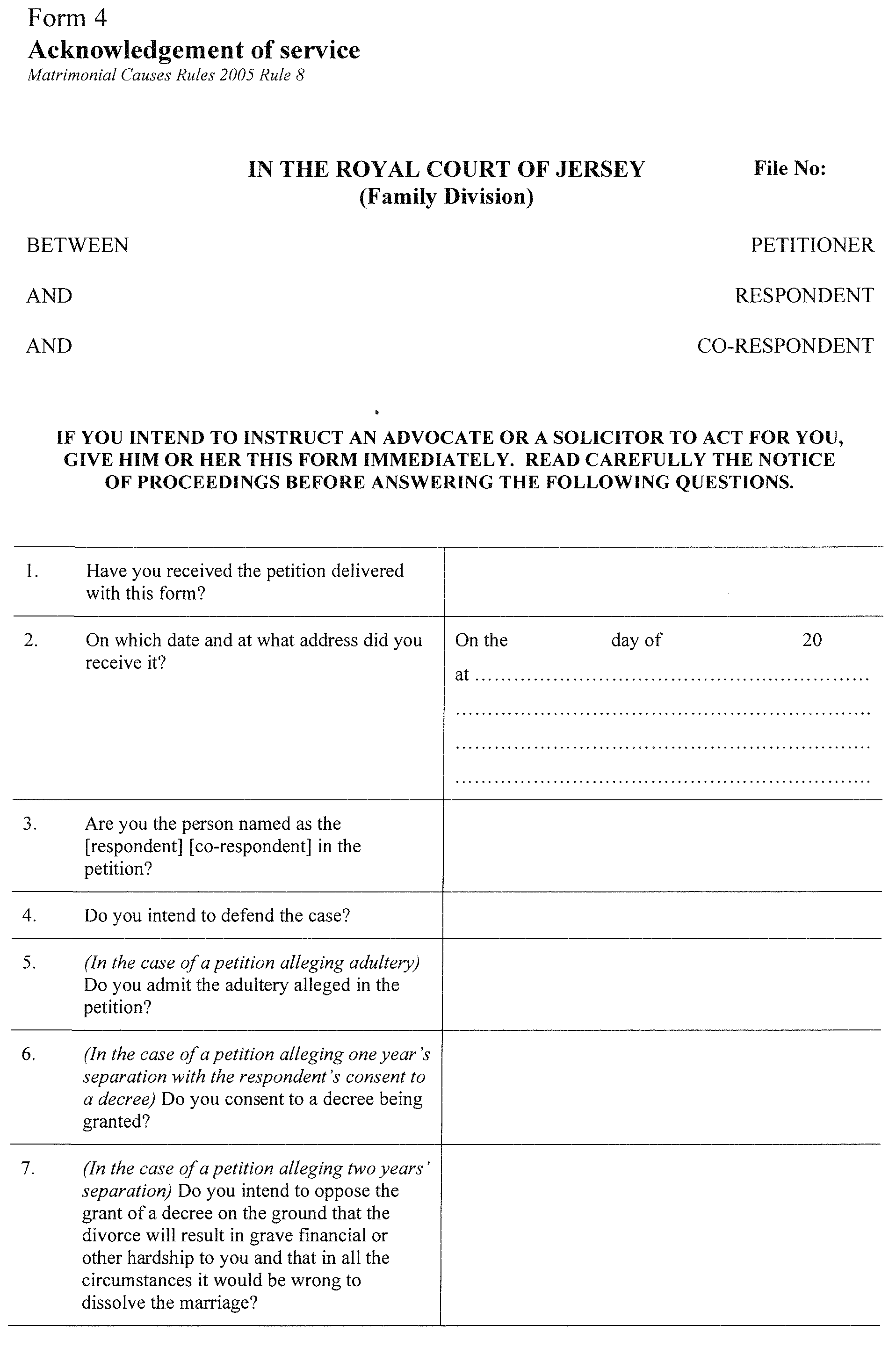 Form 4 - Acknowledgement of service