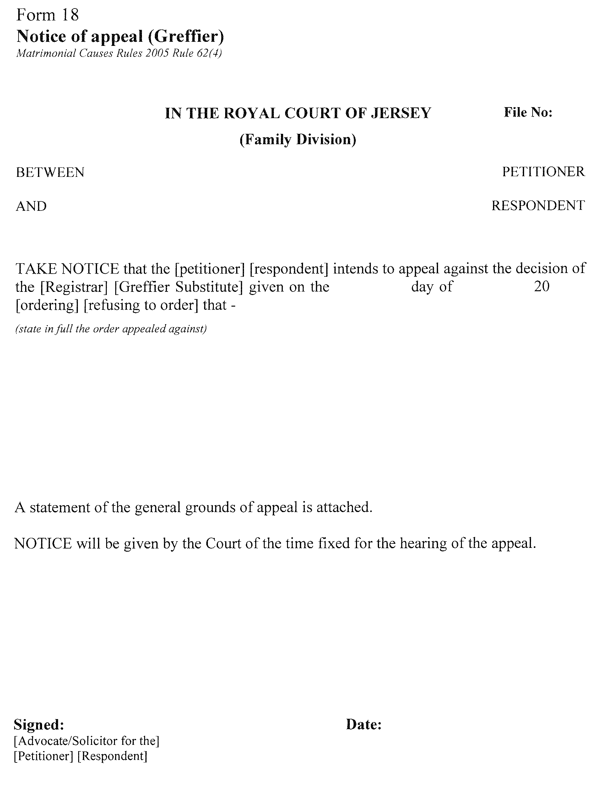 Form 18 - Notice of appeal (Greffier)