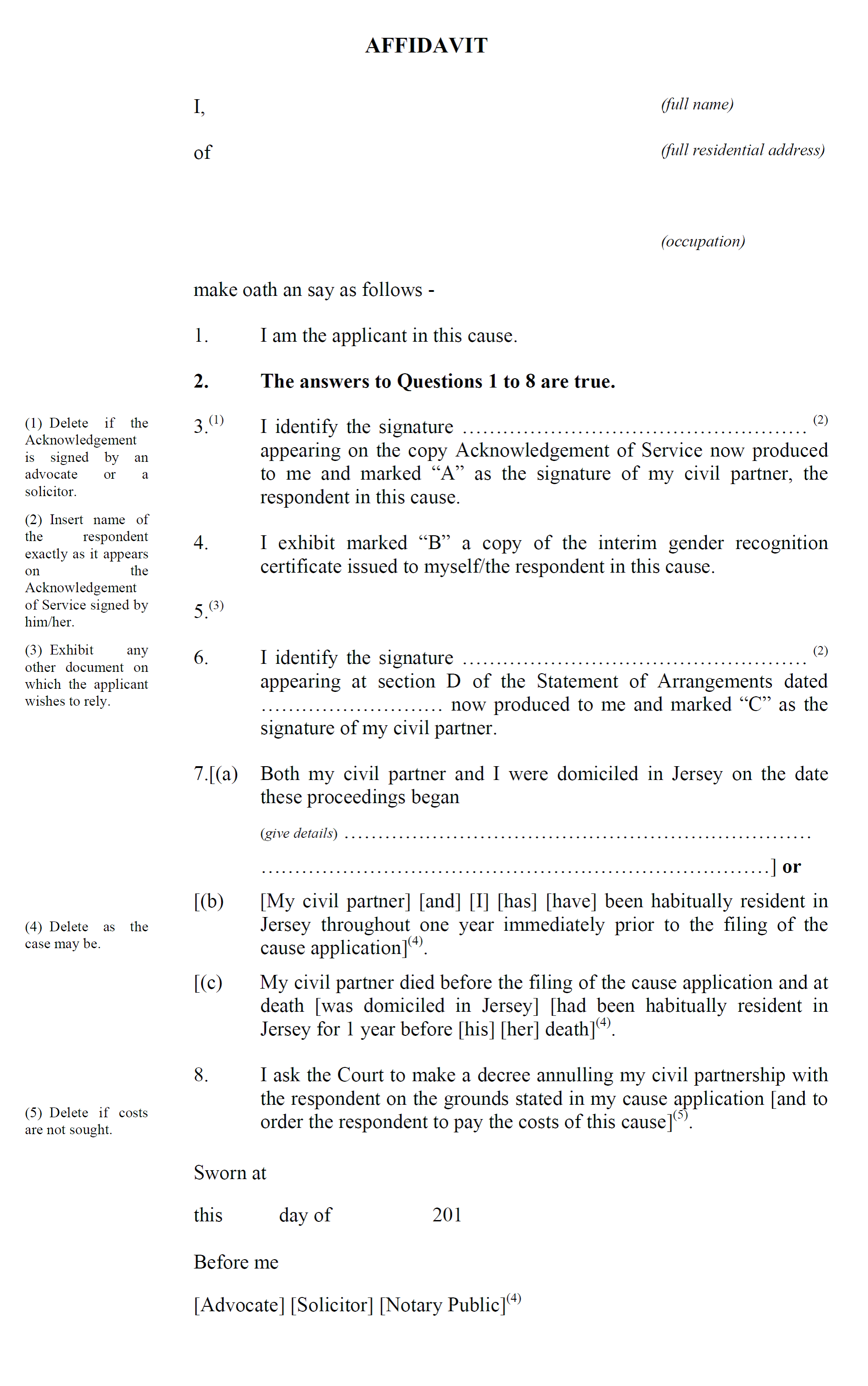 Form CP8 - Affidavit by applicant in support of cause application for annulment under Article 28(c)(i) of the Civil Partnership (Jersey) Law 2012 - continued