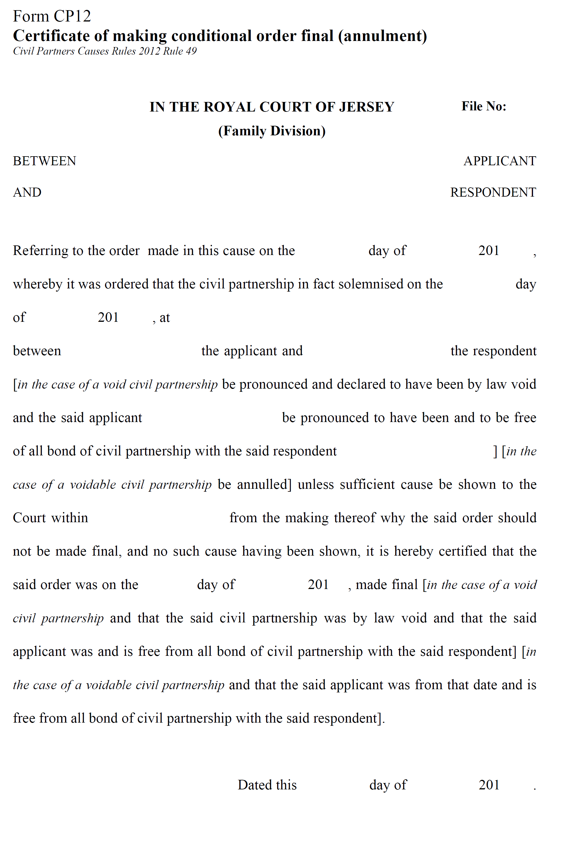 Form CP12 - Certificate of making conditional order final (annulment)