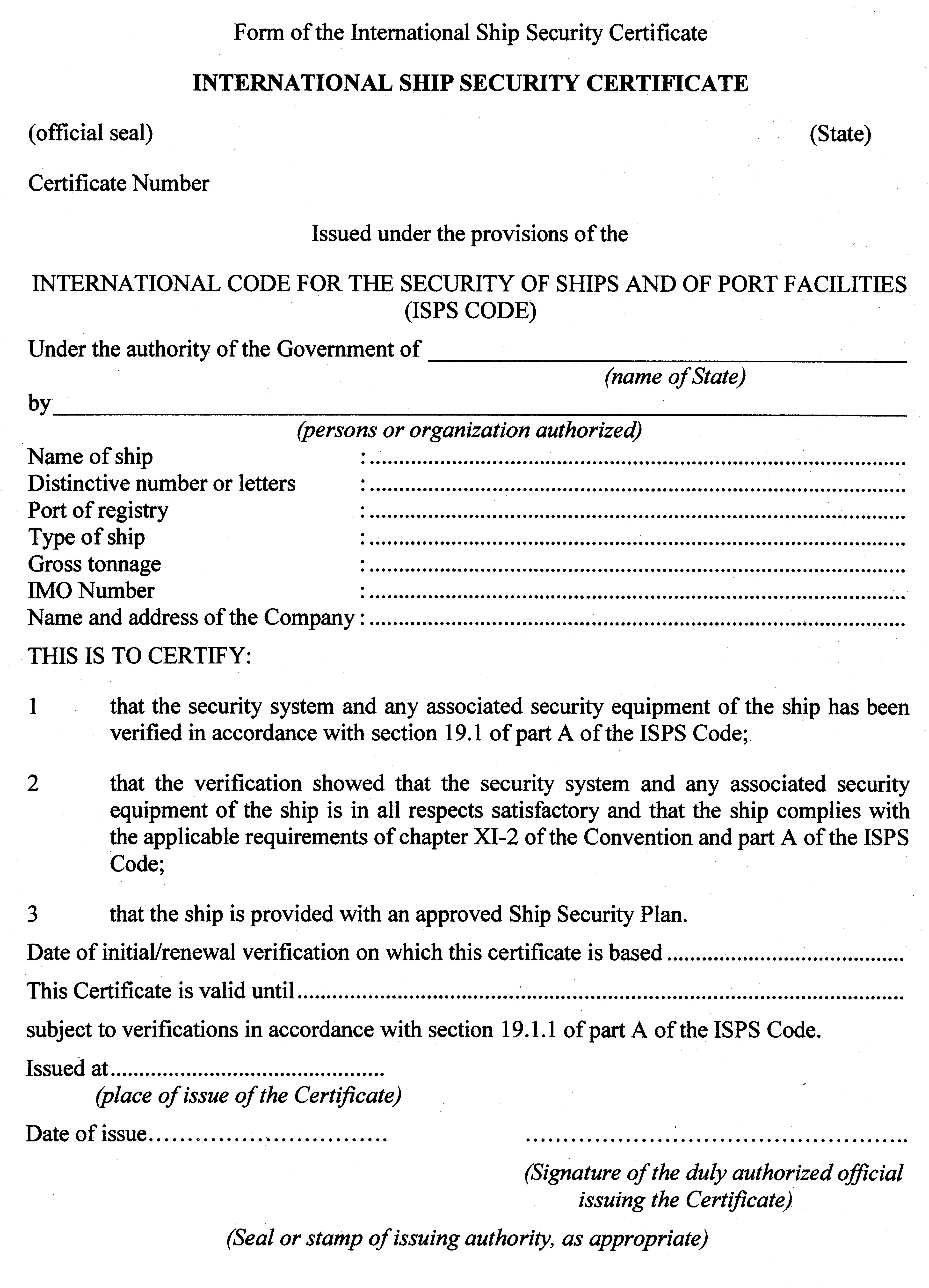 Appendix 1 - Form of the International Ship Security Certificate