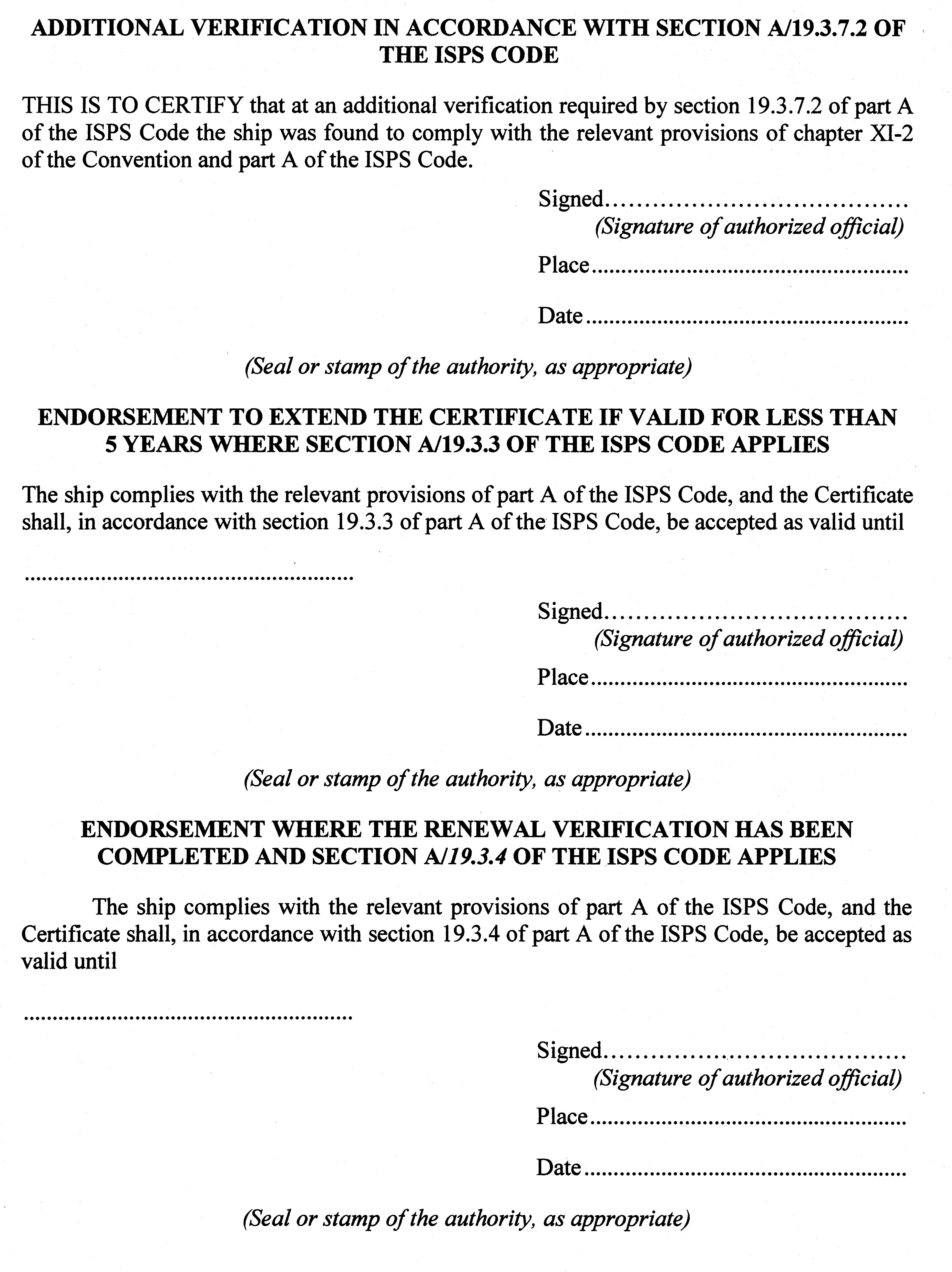 Appendix 1 - Form of the International Ship Security Certificate continued