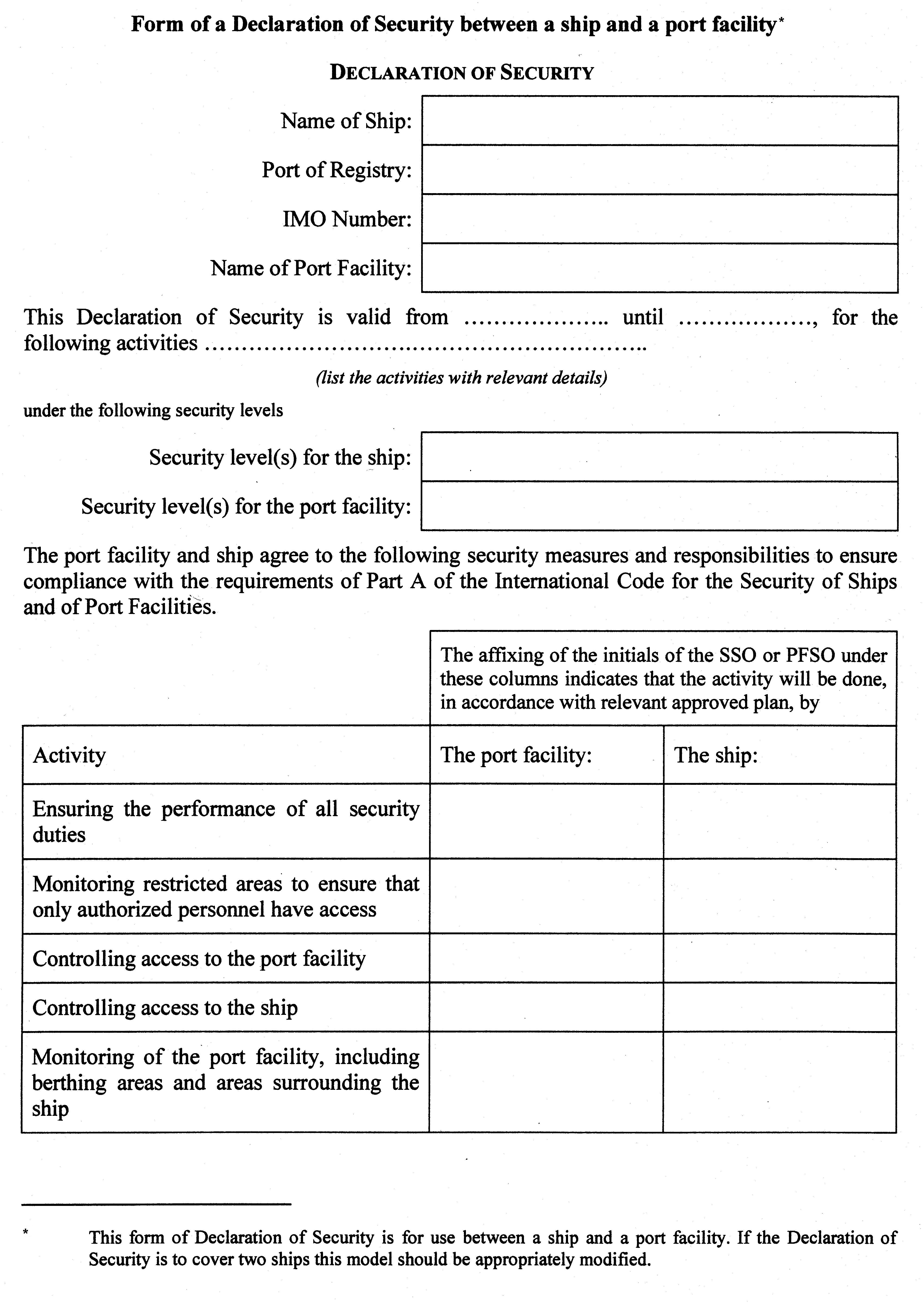 Appendix 1 - Form of a Declaration of Security between a ship and a port facility