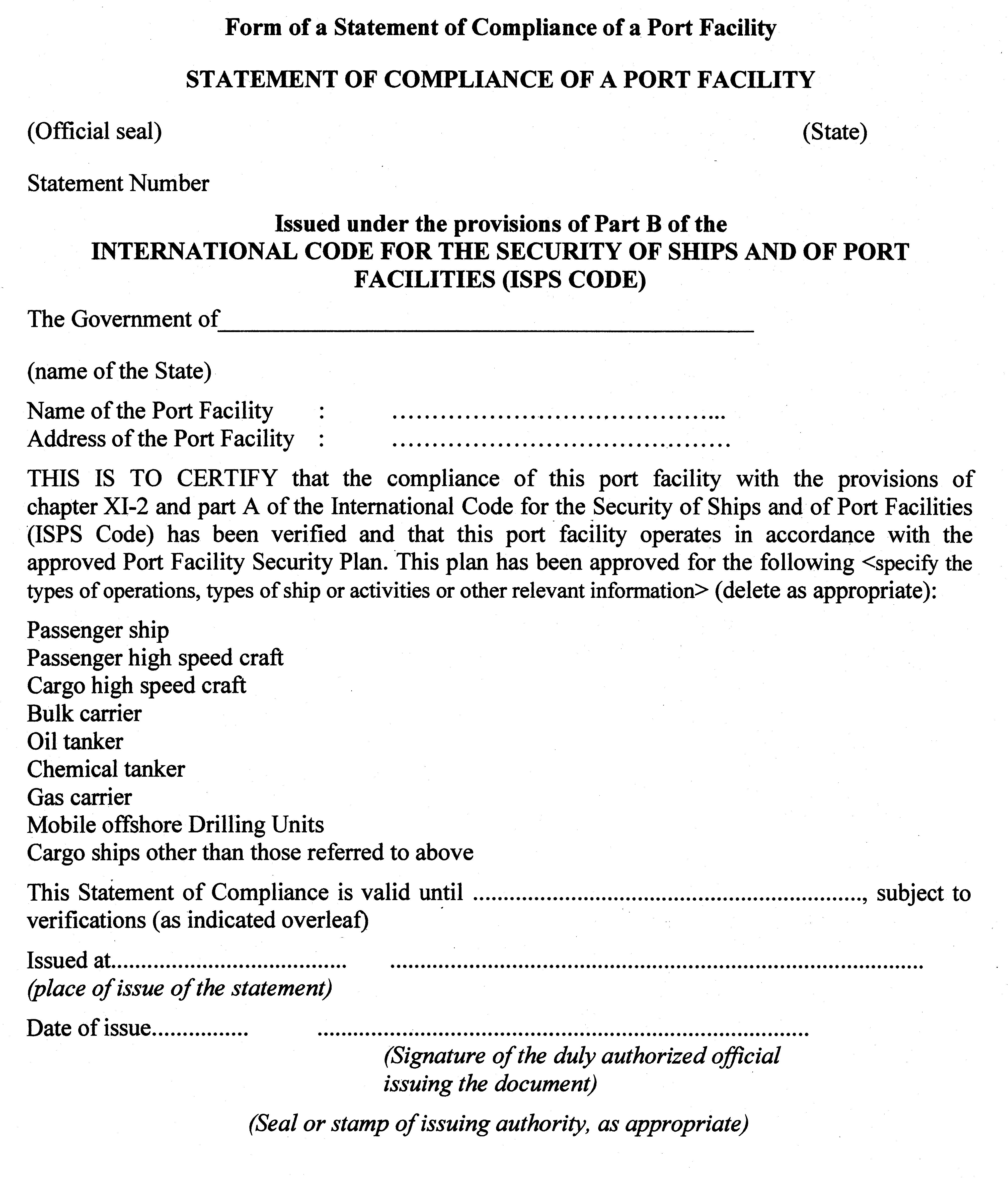 Appendix 2 - Form of a Statement of Compliance of a Port Facility