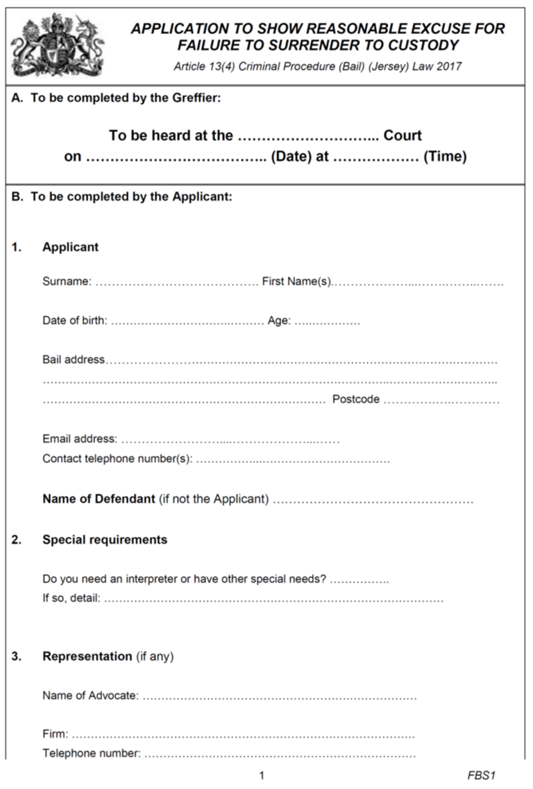 Application to show reasonable excuse for failure to surrender to custody where there is suety form - page 1 [FBS1]