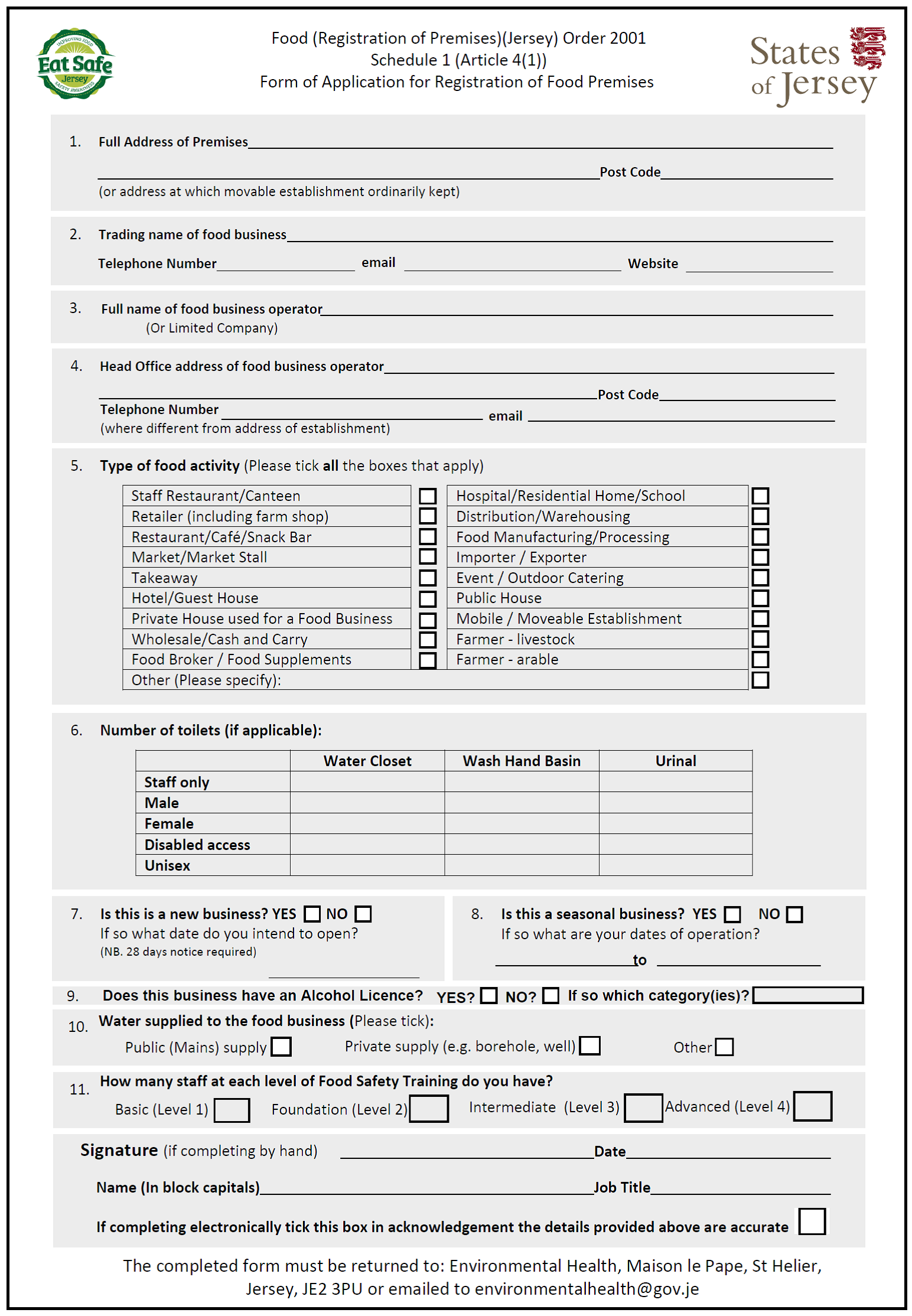 substituted form of application for registration of food premises