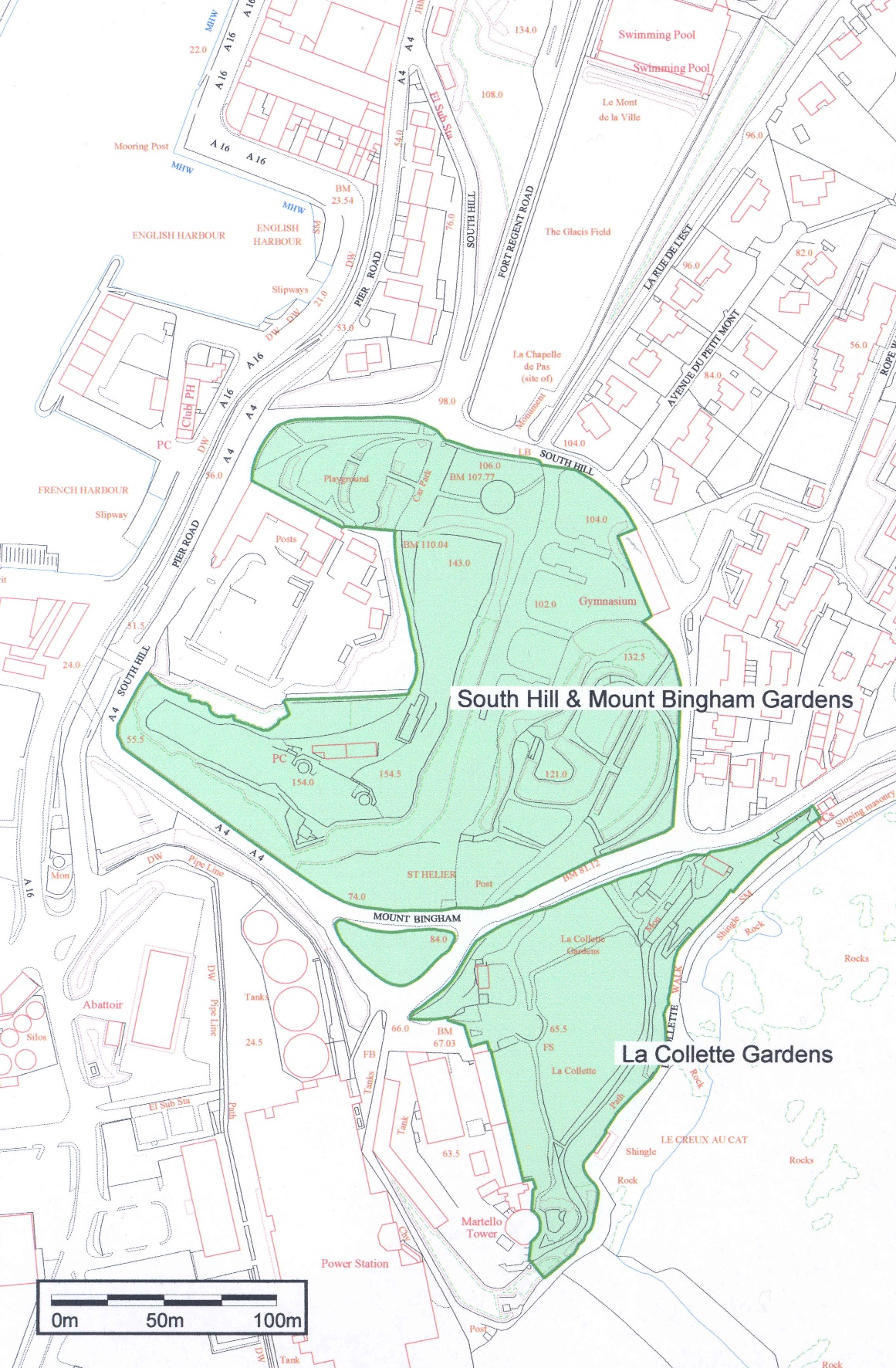 Part 1 - map of South Hill & Mount Bingham Gardens and La Collette Gardens