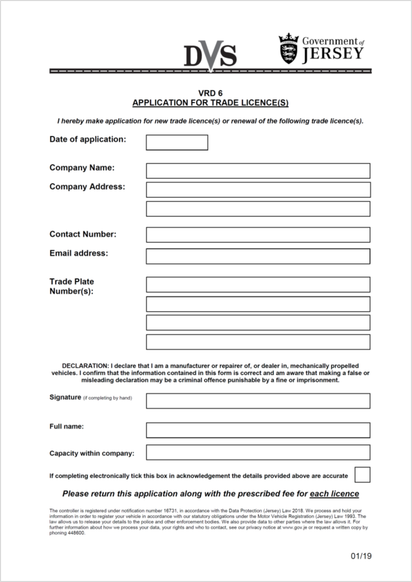 Title: Application form - Description: Image of form for an application for a trade licence or its renewal 