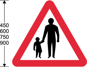 Red triangle with child and adult pedestrian symbols