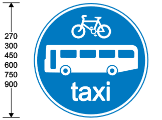 A blue circle with white text, a white bike and a bus