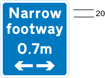 Blue sign with white text, numbers and 2 arrows