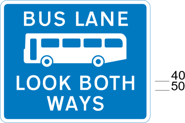 A blue sign with a bus and white text