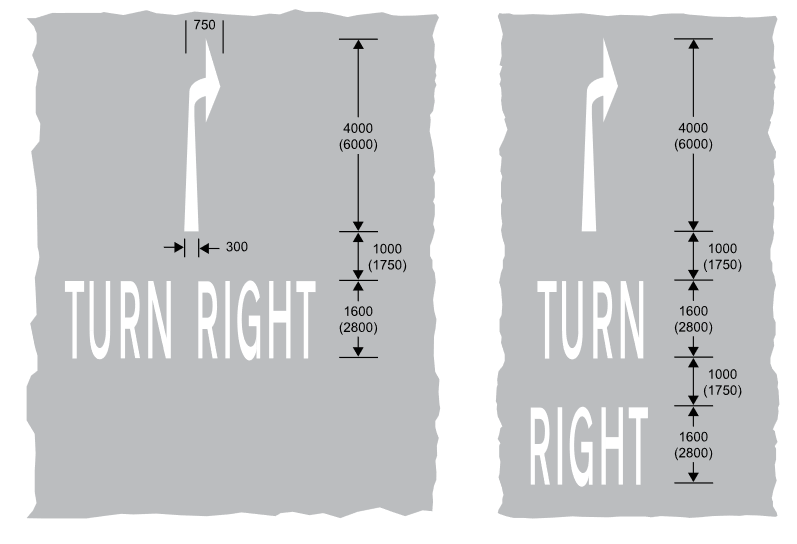 2 images with a grey background, white right turning arrows and text showing turn right