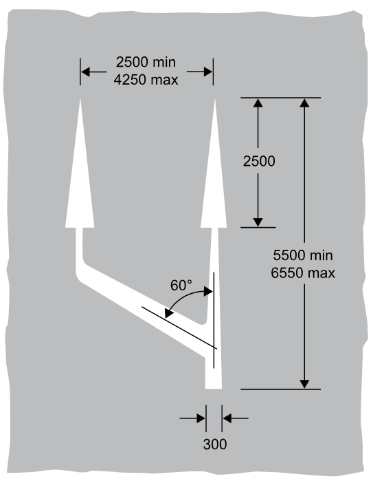 Grey background with 2 joined arrows pointing up and dimensions