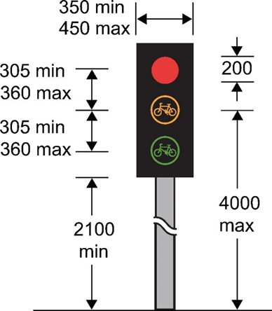 A diagram of a traffic light with bicycle symbols and dimensions